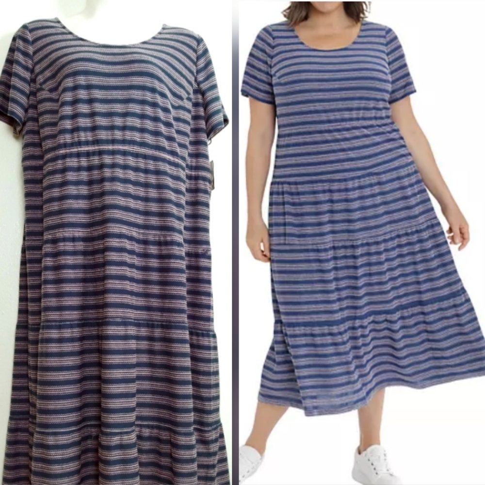Suite 7 Size 3X Navy/Peony Knit Tiered Short Sleeve Maxi Dress
